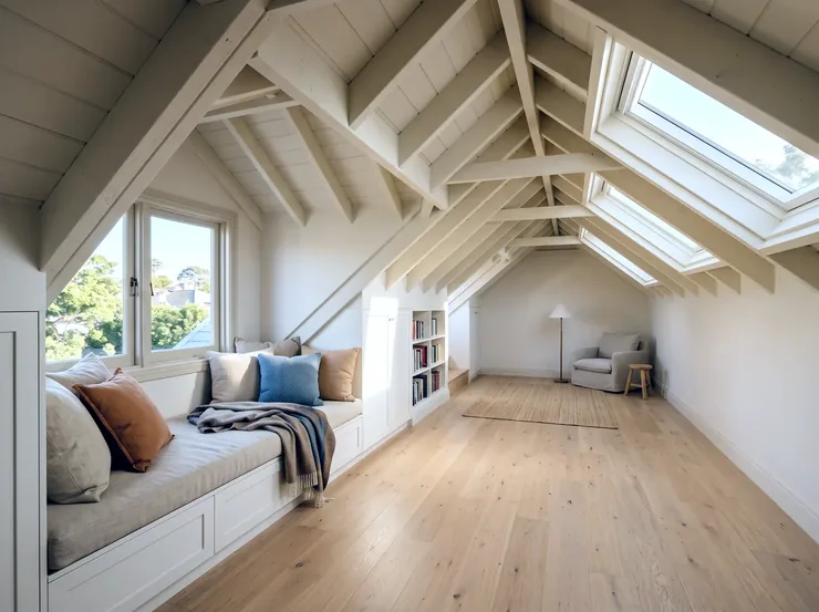 A finished attic conversion with painted timber rafters, skylights and a built-in window seat