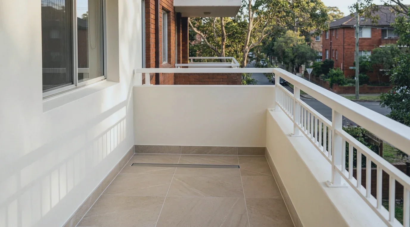 The same balcony after remedial work, with fresh render, new tiles laid to fall, a clean slab edge and a repainted balustrade