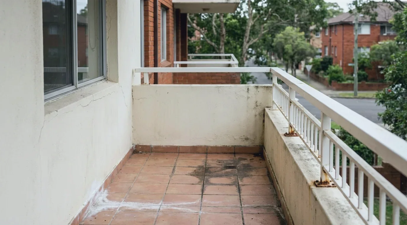 A tired 1970s Sydney apartment balcony with cracked render, faded tiles, efflorescence along the slab edge and rust bleeding from the balustrade fixings