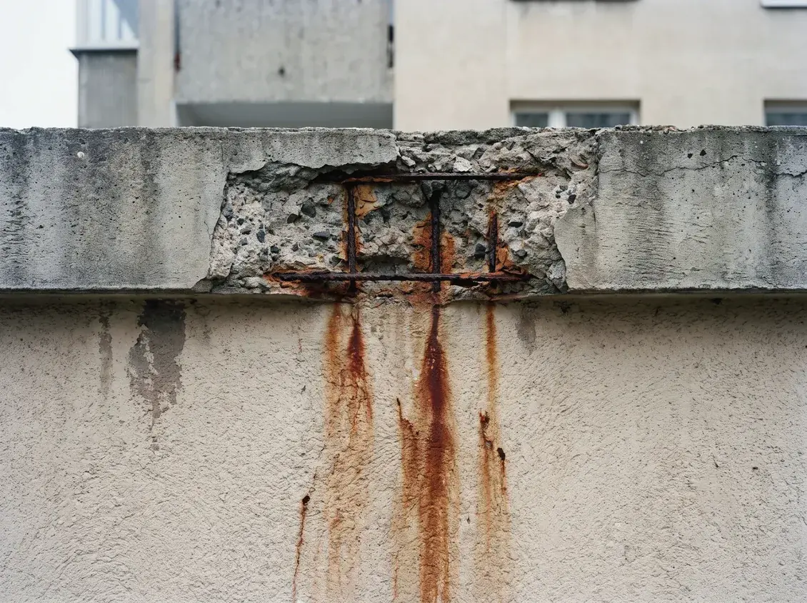 Spalled concrete on a balcony edge exposing corroded steel reinforcement with rust staining below