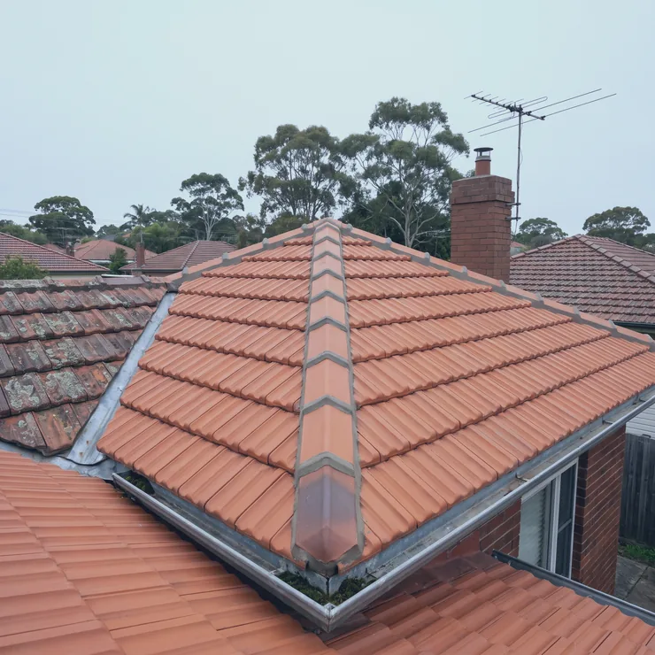 A restored terracotta tile roof with fresh ridge capping under a clear blue sky